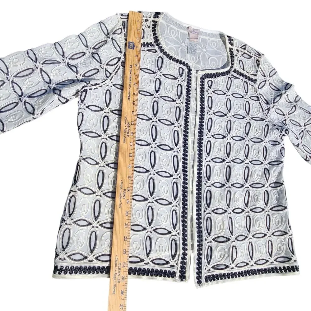 CHICOS TRAVELERS WOMEN OPEN DRESSY CARDIGAN JACKET BLAZER BLACK WHITE SZ 2 LG 12 - Picture 4 of 10